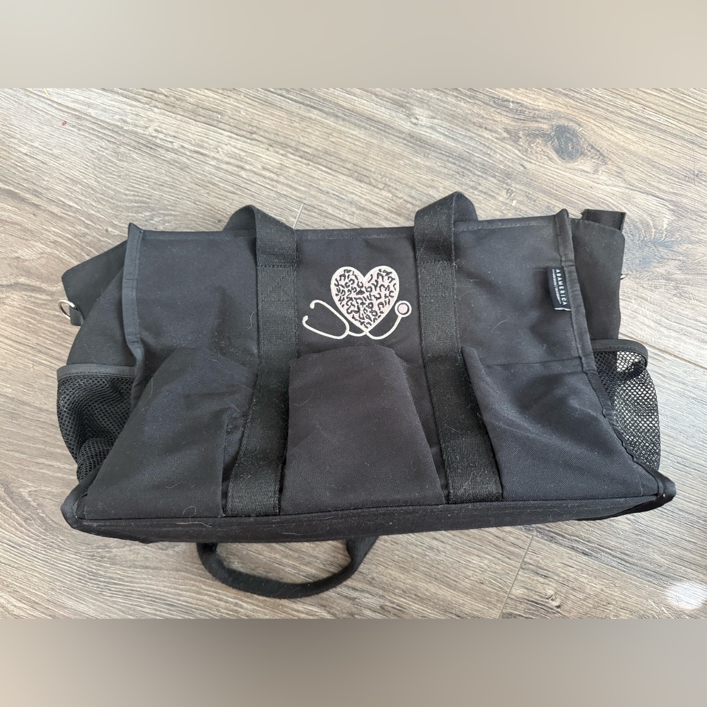 Black Tote Bag with Heart Stethoscope Design
